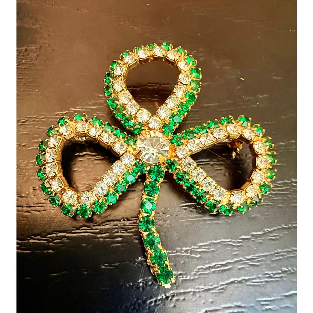 Green & Clear Rhinestone Bow Brooch